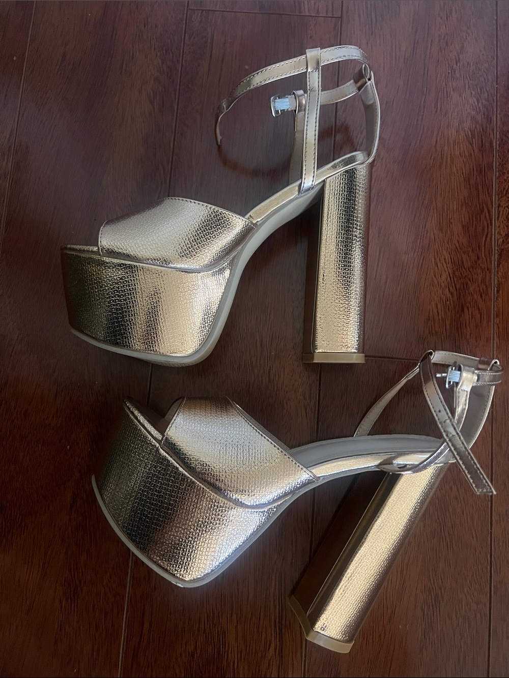 Gold Platform Strappy Disco Heels.